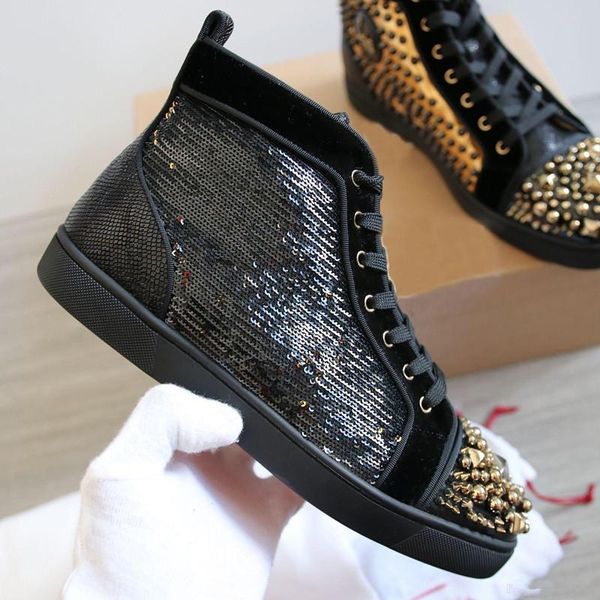 

real p golden spikes sneakers shoes mad sneak flat ultra-comfortable studded toe red bottom sneaker fashion party wedding with box, Black