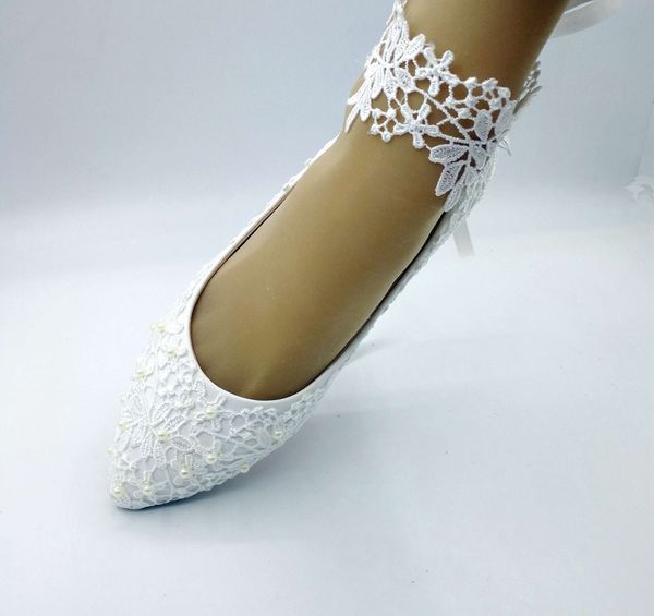 Pizzo bianco fatto a mano con immagini di scarpe da donna mostrano scarpe da sposa da sposa damigella d'onore scarpe con tacco piatto con fondo morbido US4-10 52441