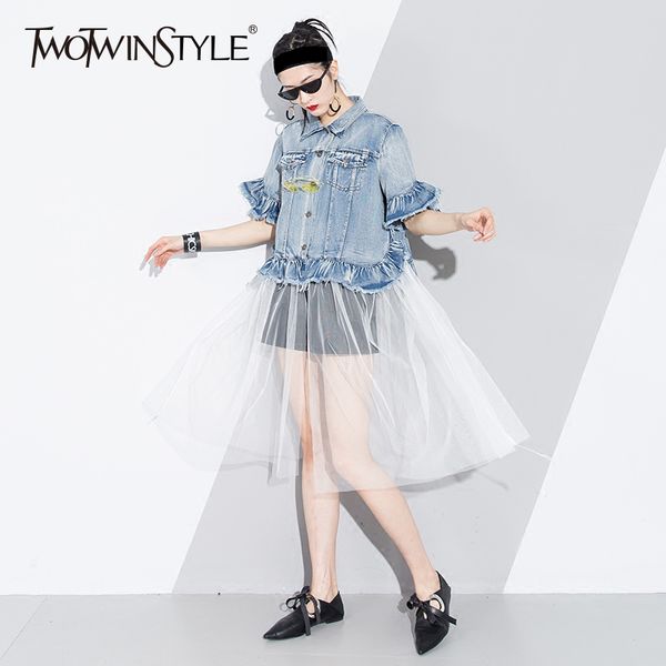

twotwinstyle denim patchwork windbreaker female mesh high waist ruffles short sleeve long trench coat for women 2019 spring tide, Tan;black