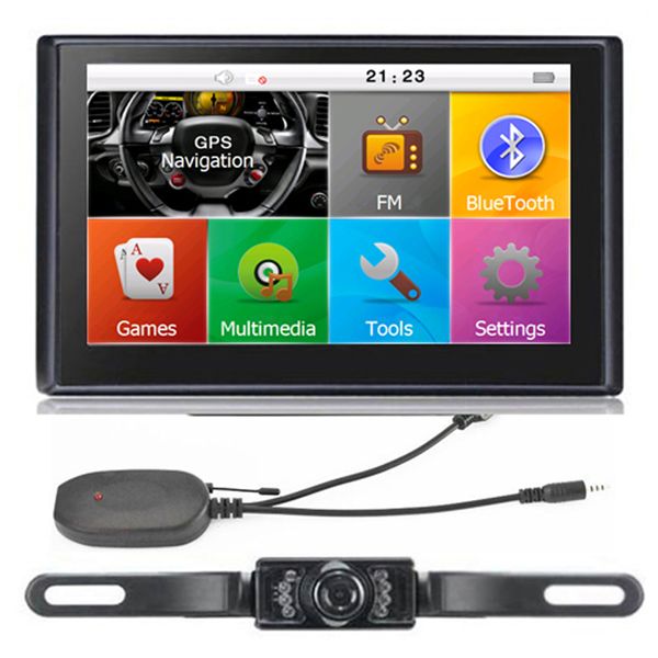 HD de 7 polegadas Car Navegação GPS Bluetooth Handsfree Navigator AVIN sem fio de backup Retrovisor Camera 8GB Mapas TTS com pára-sol presente