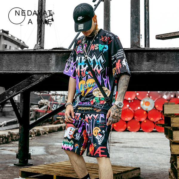 

men graffiti cartoon printed sets hip hop shorts+t shirt suits fashion high street tees summer streetwear joggers short trousers, Gray