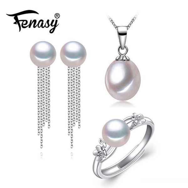 

fenasy natural pearl jewelry sets long tassel pearl earrings classic pendant with 925 silver chain necklace for women cute ring, Black