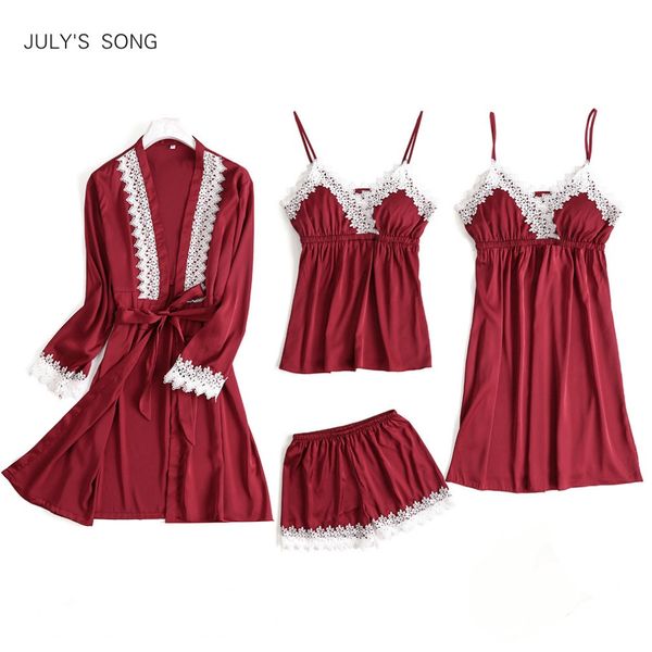 

july's song new spring 4 piece lace pajamas set women faux silk lace sling sleeveless shirt shorts summer robe sleepwear, Black;red
