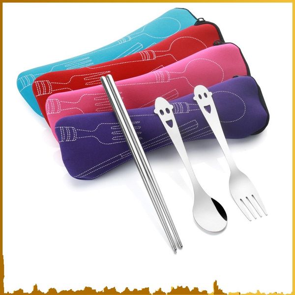 

stainless steel tableware portable flatware three piece suit spoon fork chopsticks gift with cloth bag smile 1 8jbf1