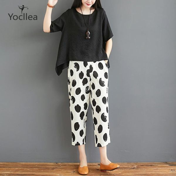 

fashion cotton and linen suit women's summer loose large size short sleeve printed casual harem pants linen two piece set, White