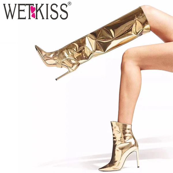 

wetkiss knee high boots women high heels thin boot female patent pu shoes ladies party pointed toe shoes winter 2020 new, Black