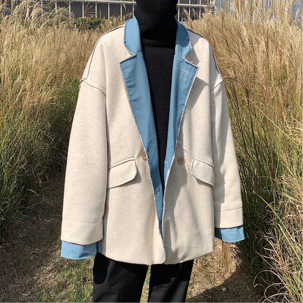 

winter new thick woolen coat men's fashion denim stitching casual v-neck woolen jacket man streetwear loose long coat, Black