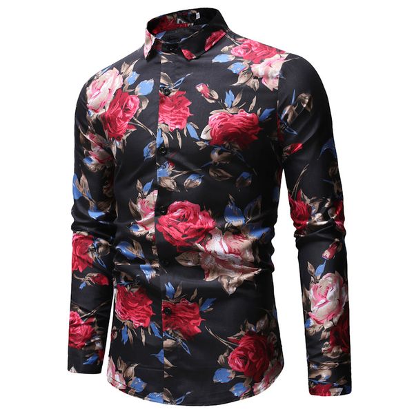

men's daily going out vintage / basic plus size cotton slim shirt - floral print blue / long sleeve, White;black