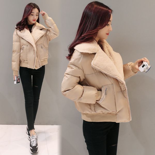 

off season korean-style winter cotton coat new style short fold-down collar faux lambswool jacket cotton overcoat women's small, Blue;black