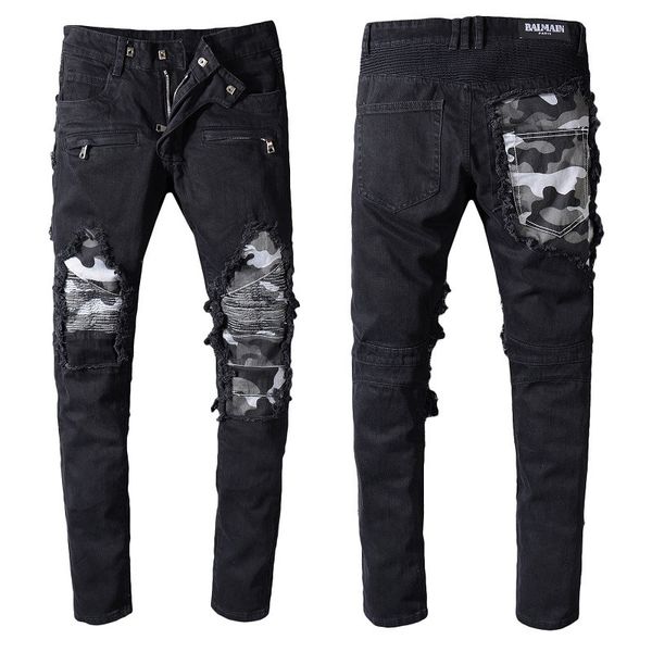 

мужские джинсы мода стиль проблемные ripped байкер джинсы slim fit мотоцикл байкер джинсы мода брюки джинсовые, Blue