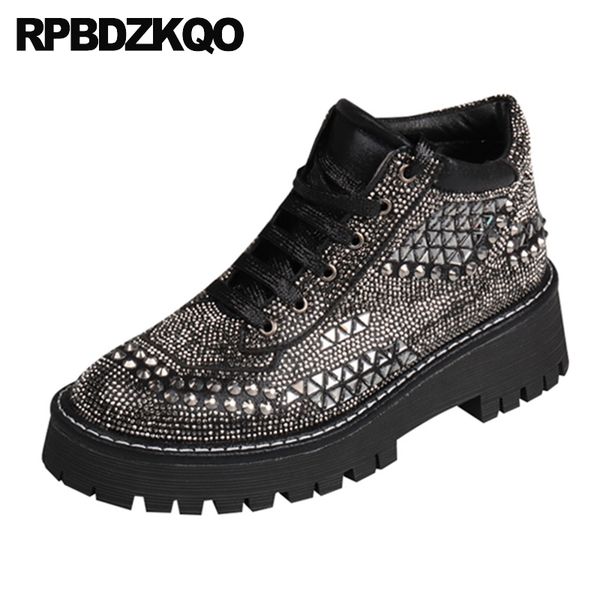 

sparkly diamond women shoes black creepers bling booties rhinestone front lace up casual ankle boots autumn platform harajuku
