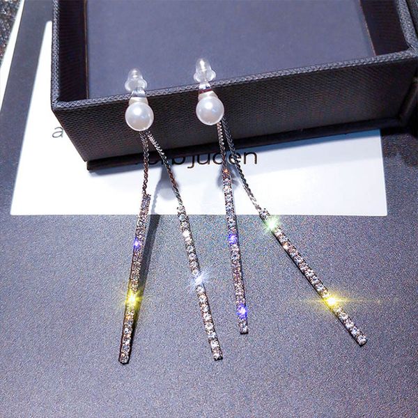

forseven korean fashion simple shining crystal simulated pearl long pendant earring bride bridal wedding party dangle earrings, Silver