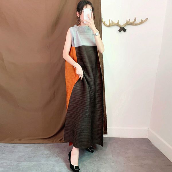 

deat 2020 new summer and autumn fashion women pleated summer styles vintage clothes sleeveless contrast colors dress wh35514, Black;gray