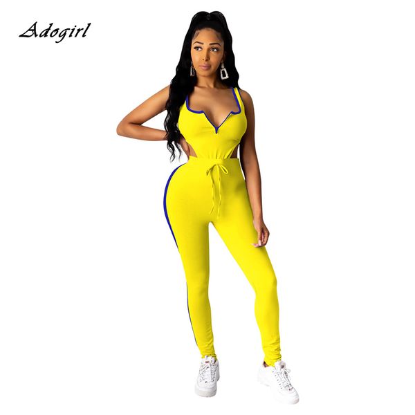 

v neck fitness matching set fashion 2020 sleeveless athleisure bodycon two piece sets bodysuit and pants women outfits, White
