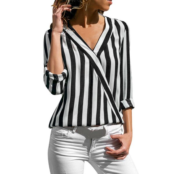 

women striped blouse shirt long sleeve blouse v-neck shirts casual et chemisier femme blusas mujer de moda m3074, White