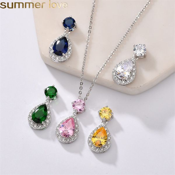 

elegant teardrop dangling drop earrings cz zircon water drop shape pendant necklace jewelry for women romantic wedding bride bridesmaid, Silver