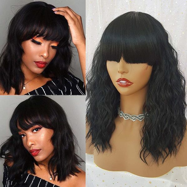 

16 inch Loose Curly Wavy Synthetic Wig for Fashion Women Heat Resistant Fiber No Lace Front Wig Full Bangs Natural Hair Wigs, Black