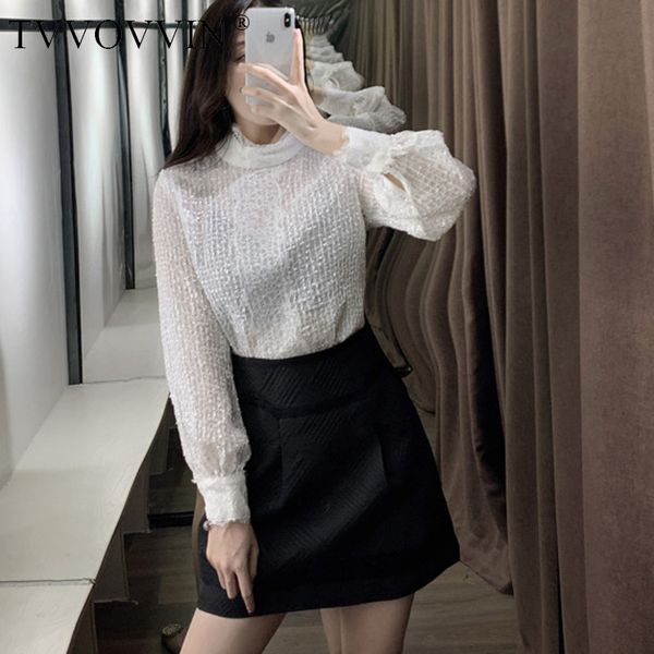

tvvovvin 2020 new long-sleeve lace stand collar solid women's shirt+skirts casual zipper translucent pullover fashion a113, White