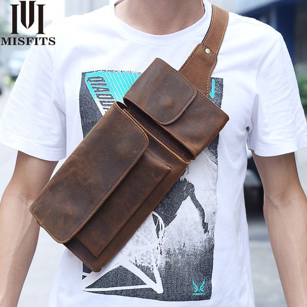 

quenya vintage men chest bag genuine crazy horse leather waist pack travel messenger bag male shoulder for cell phone