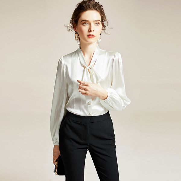 

100% silk white blouse bow tie long sleeve fashion woman autumn office lady essential chic shirt