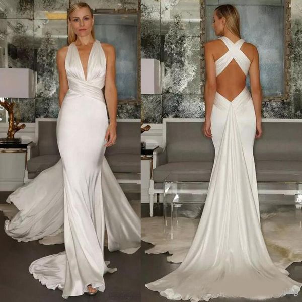 

cross back wedding dresses 2020 beach mermaid wedding gowns deep v neck ruched sleeveless bridal dresses cheap, White