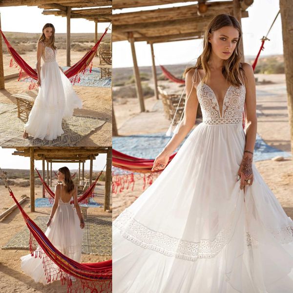 

asaf dadush 2019 summer wedding dresses a line backless chiffon bridal gowns boho lace chiffon wedding dress vestido de noiva plus size, White