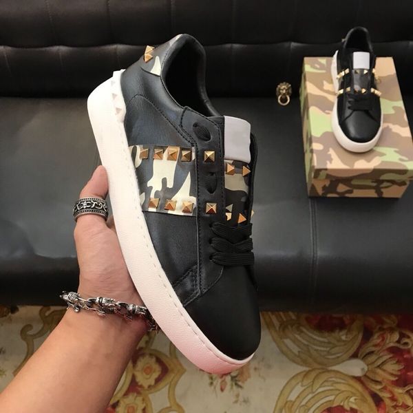 

size 38-44 men casual shoes camouflage genuine leather lace up couple star shoes men rivets flat shoes, Black