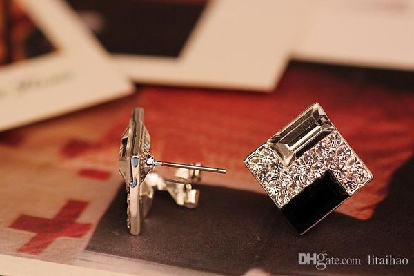 

50 pairs, elegant black and white inlaid diamonds earrings not fading ear studs glittering drill imbue zircon square earrings no irritation, Silver