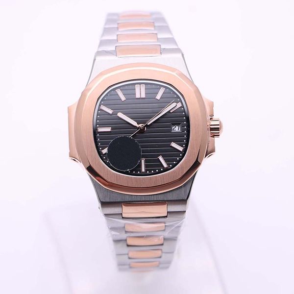 

high end 5711 two tone mens watches automatic 40mm oval black dial wristwatches skeleton transparent back screw down crown gentlemens watch, Slivery;brown