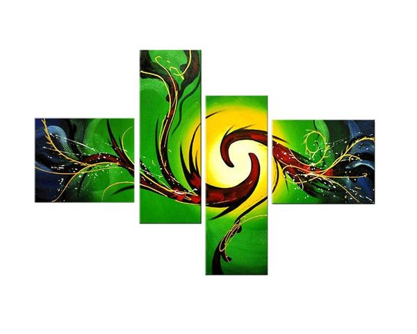 

100% hand painted abstract oil paintings on canvas wall art, 4 piece green and yellow abstract paintings for bedroom wall decor