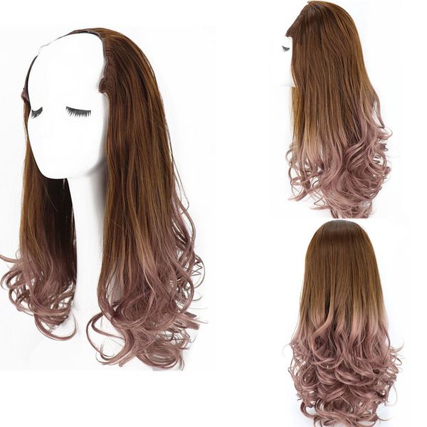 

pervado hair 24" 250g synthetic clip in u part half wigs loose wave hair piece hairdo for women green ombre color, Black