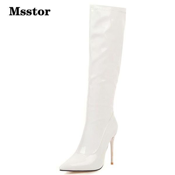 

stiletto women boots high heels zipper winter knee high boots pointed toe patent leather white women concise casual, Black