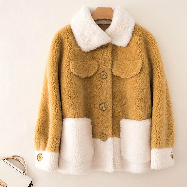 

real fur coat 100% wool jacket autumn winter coat women clothes 2019 streetwear korean vintage sheep shearling suede lining, Black