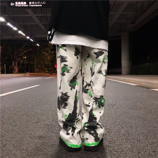 

мужской vintage широких ног джинсы штаны всплески чернила граффити джинсы для мужчин high street hip hop повседневные свободные прямые брюки, Blue