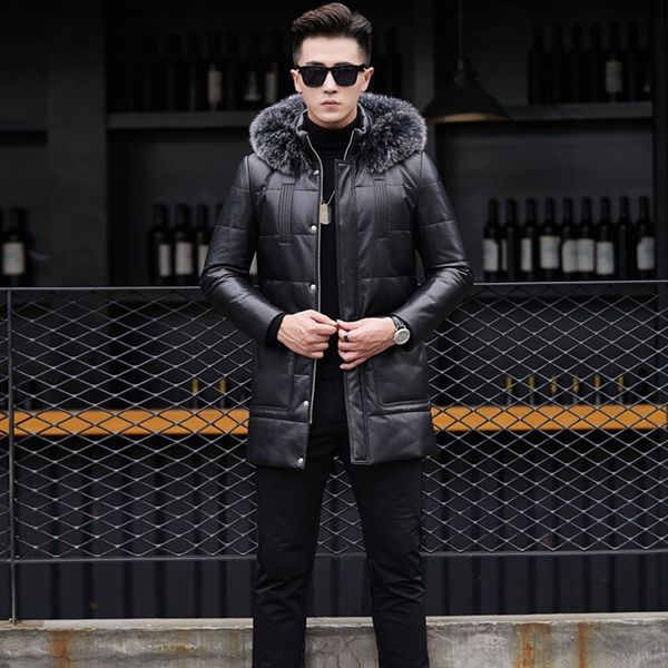 

мужская ветровка 100% кожа овчины меховой с капюшоном мужские куртки вниз куртки натуральной кожи держите теплое пальто, Black