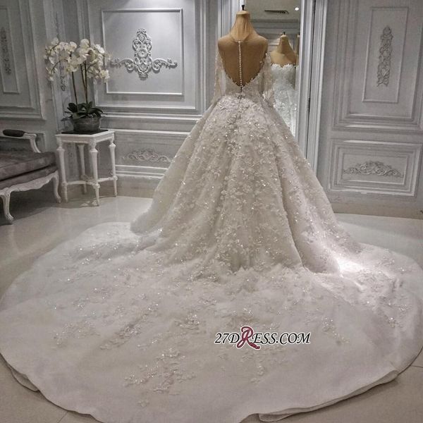 

2019 luxury sparkly crystals wedding dresses a line satin lace appliqued wedding bridal gowns with long sleeves illusion back wedding dress, White
