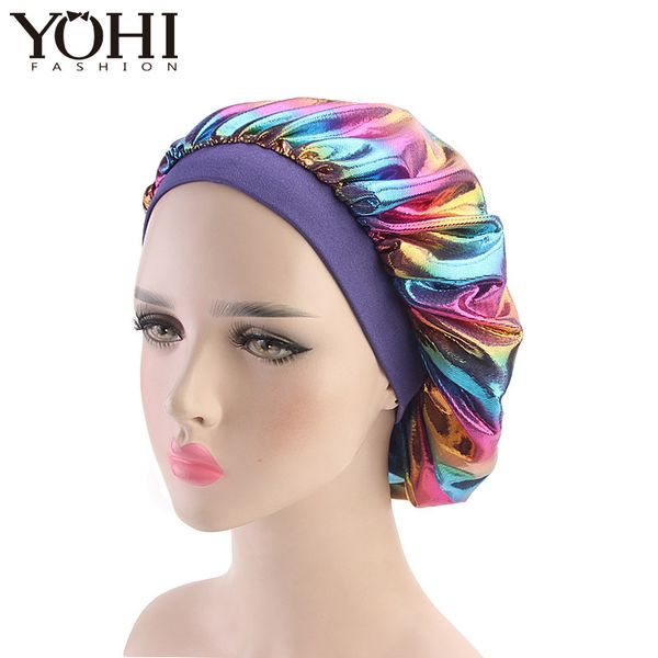 

new women's multicolor bright-coloured satin high elasticity wide side nightcap perm cap chemotherapy cap bath