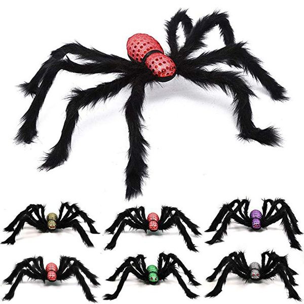 

75x75cm halloween party decoration horror simulation plush spider toy red eyes scary spider props 2020 new decorative props