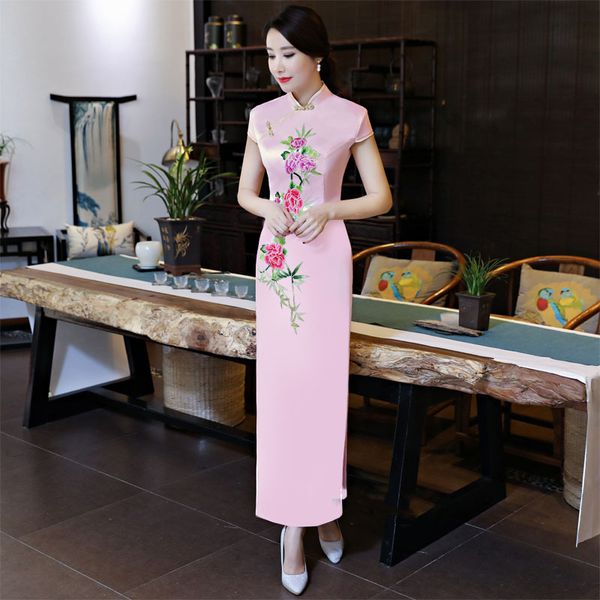 

s-4xl pink womens long cheongsam vintage chinese style qipao slim party dress spring summer button vestido plus size, Red