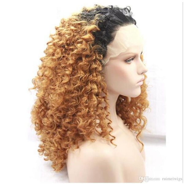 Long Kinky Curly Blonde Ombre Wig Dark Roots Synthetic Lace Front
