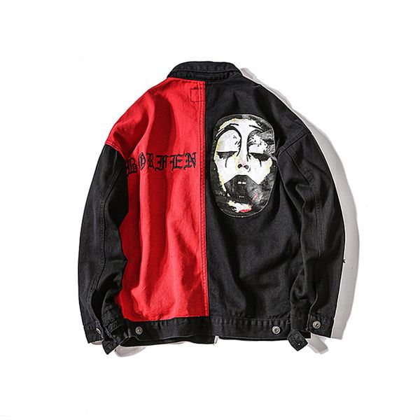 

denim jacket men clown patchwork ripped men jacket cowboy casual high street fashion outwear pocket coat autumn, Black;brown