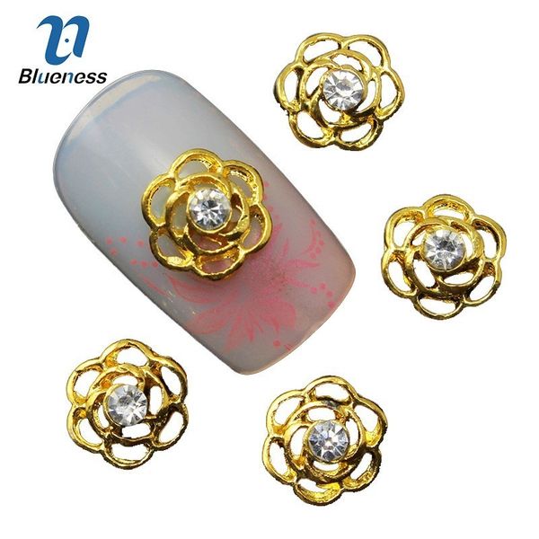 

blueness 10pcs gold flower 3d nail art decorations charms glitter crystal nail rhinestones alloy polish jewelry supplies, Silver;gold