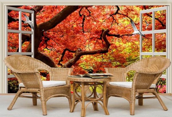 

window mural wallpaper fantasy red leaf tree 3d tv background wall decoration painting