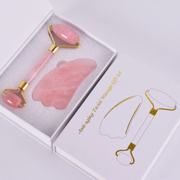 Natural cor-de-rosa cristal jade rolo cabeça dupla rosa massagem rolo de massagem real massageador facial guasha conjunto com caixa j190629