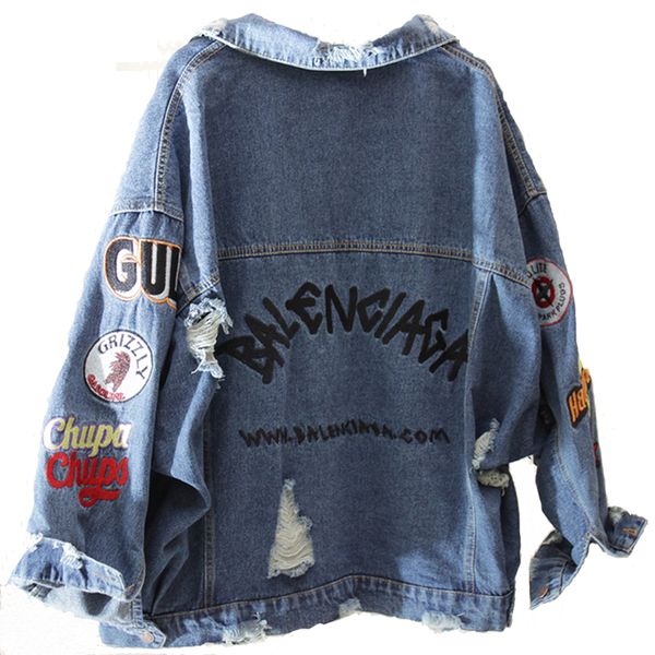 

bf harajuku embroidery jacket couple denim single breasted aesthetic women 2019 autumn female jeans coat hip hop hole casual, Black;brown