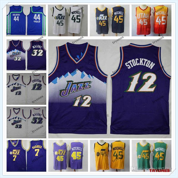 

men women utah nba jazz new donovan mitchell basketball jerseys vintage karl 12 malone john pete 32 maravich stockton 7 shirts, Black;red