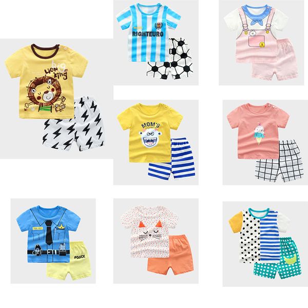 

summer kids clothing boy and girl cotton print suit new children clothes cartoon short sleeve t-shirt +shorts 2 pcs suit baby clothes, White