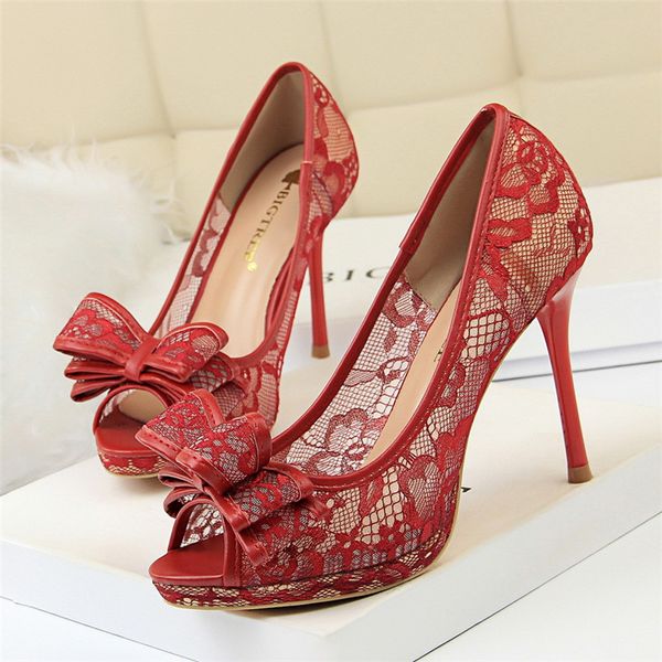

wedding shoes lace high heels women platform heels stiletto pumps women shoes black heels bowtie peep toes brand shoes women designers shoe