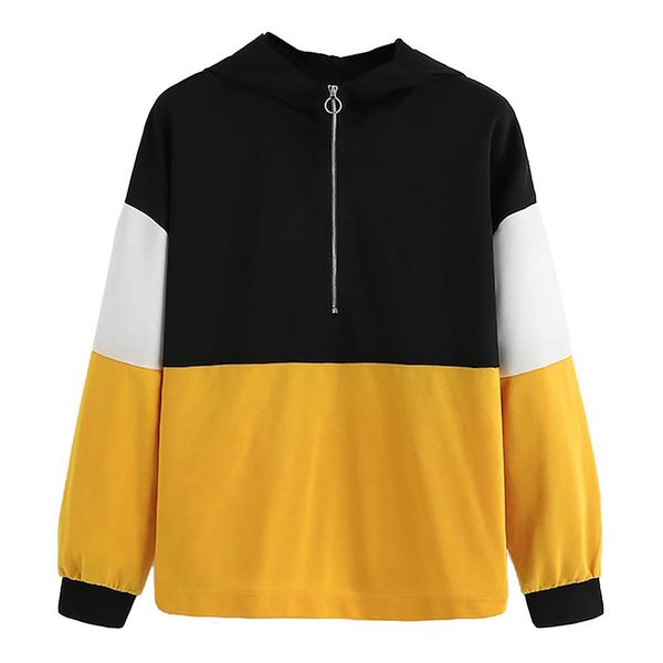 

женщины толстовки молния сращивания цвет дамы повседневная с капюшоном пуловер одежда свободные с длинным рукавом толстовка топы 2020 sudade, Black