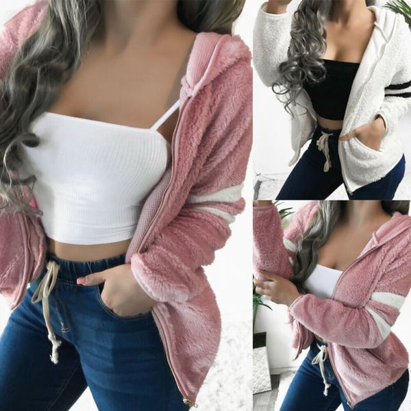 

women plus size warm fleece jacket hooded cardigan coat, Black;white